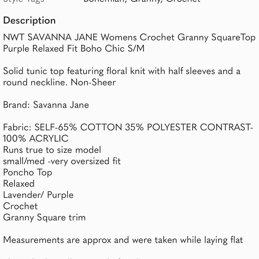 NWT SAVANNA JANE Womens Crochet Granny Square Top Purple Oversized Fit - Picture 11 of 11